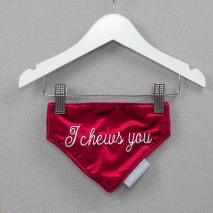 Discover The Perfect Bandana For Dogs, 'I Chews You' Valentine Dog Bandana In Luxury Cranberry Velvet, Available Now at Lords & Labradors