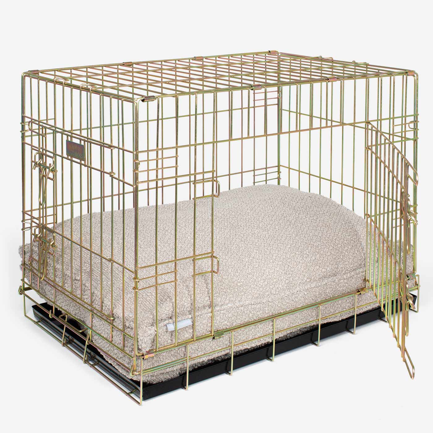 Discover Our Heavy-Duty Dog Crate With Luxury Dog Cushion Set! The Perfect Crate Accessory For Pet Burrow. Available To Personalise In Stunning Ivory, Mink, Granite Bouclé Here at Lords & Labradors 