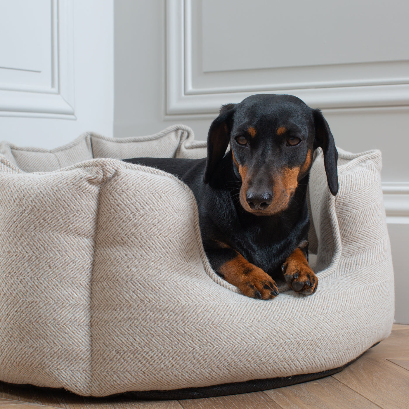 Personalised High Wall Herringbone Cosy Tweed Bed For Dogs Available in good 3 Sizes and 3 Colours Suitable for Dachshund Cockapoo Jack Russell