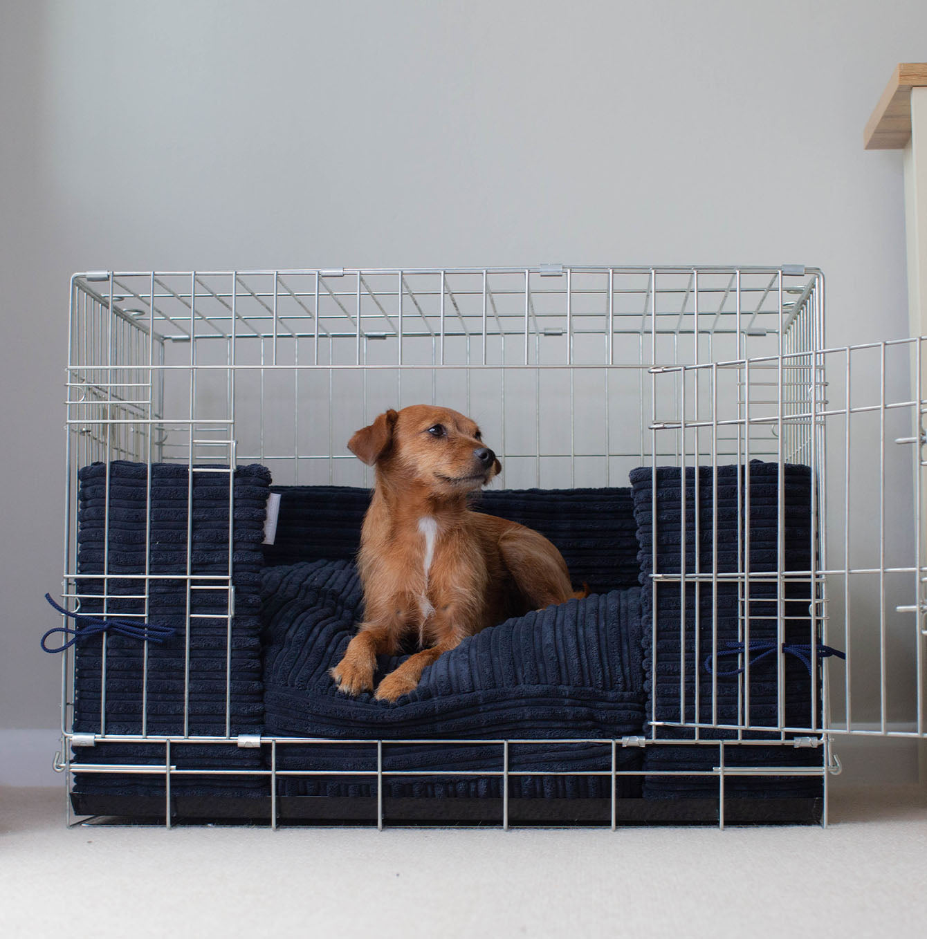 Discover our Luxury Dog Crate Bumper, in Essentials Plush Navy. The Perfect Dog Crate Accessory, Available To Personalise Now at Lords & Labradors