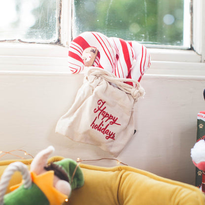 P.L.A.Y Christmas candy canes hung on a window