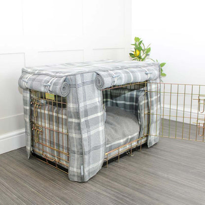 [colour:dove grey tweed] Luxury Dog Crate Bumper, Dove Grey Tweed Crate Bumper Cover, The Perfect Dog Crate Accessory, Available Now at Lords & Labradors