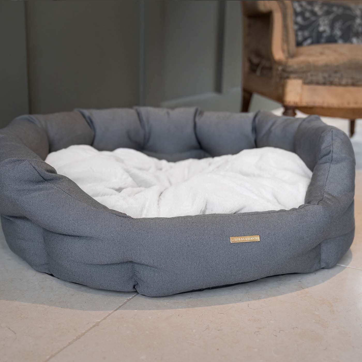 Essentials Twill Oval Bed Slate | Lords & Labradors Luxury Dog Beds
